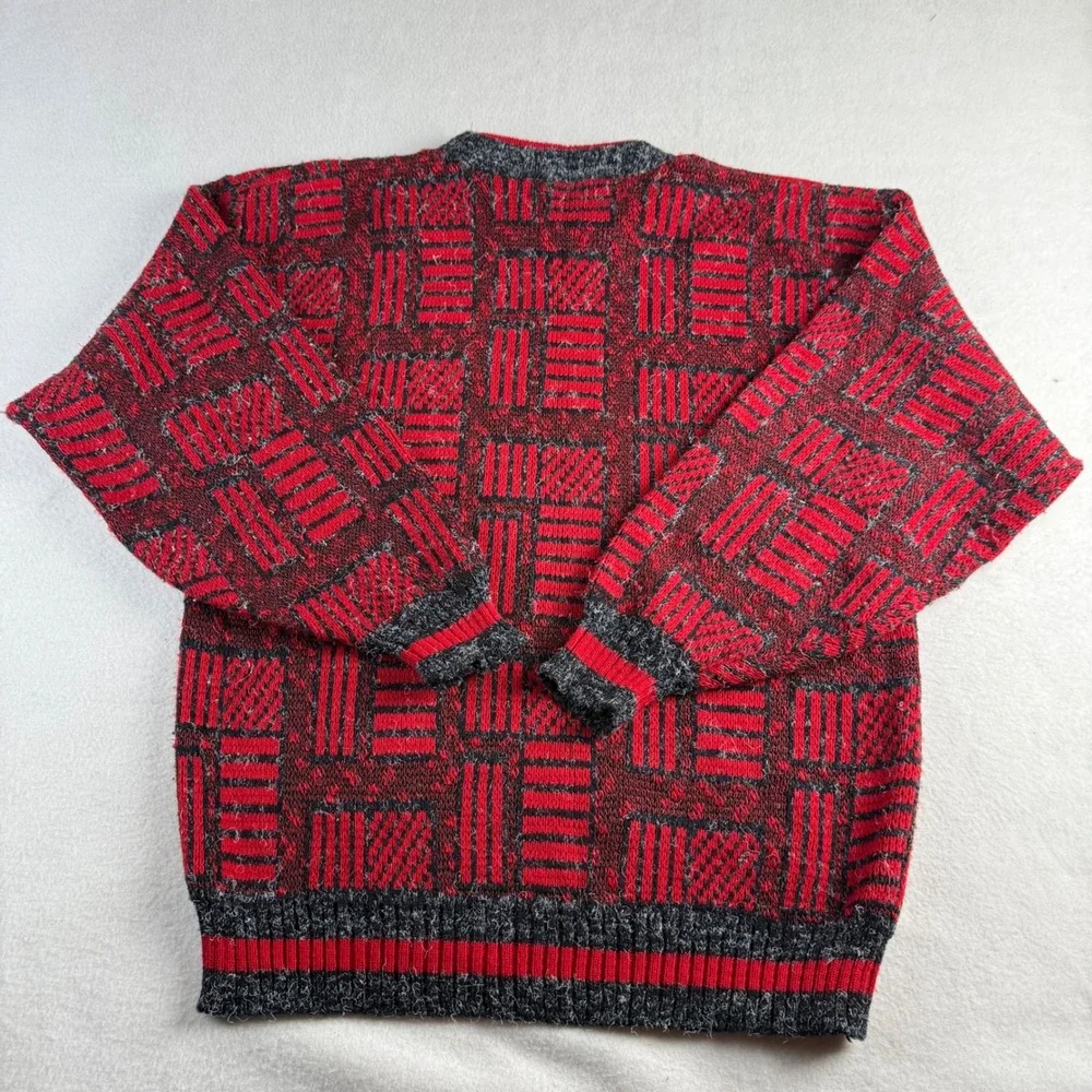 Vintage Red Charcoal Geometric Block Knit Crewneck Sweater Mens‎ Large Retro 90s